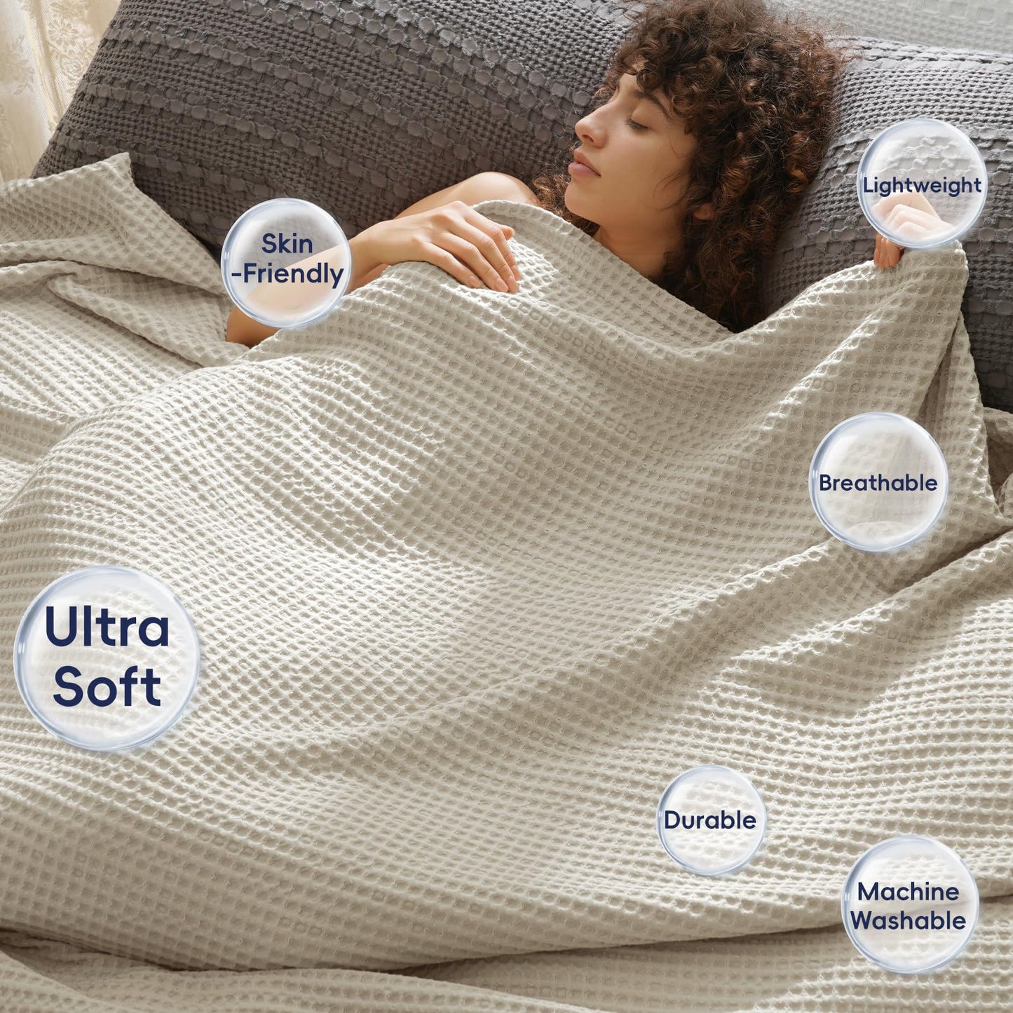 PHF Ultra Soft Waffle Weave Blanket Throw Blanket, Lightweight Breathable Cooling Skin-Friendly Throw for Spring Summer for Hot Sleeper，Aesthetic Home Decor for Bed Couch, Light Khaki/Linen, 50"* 60"