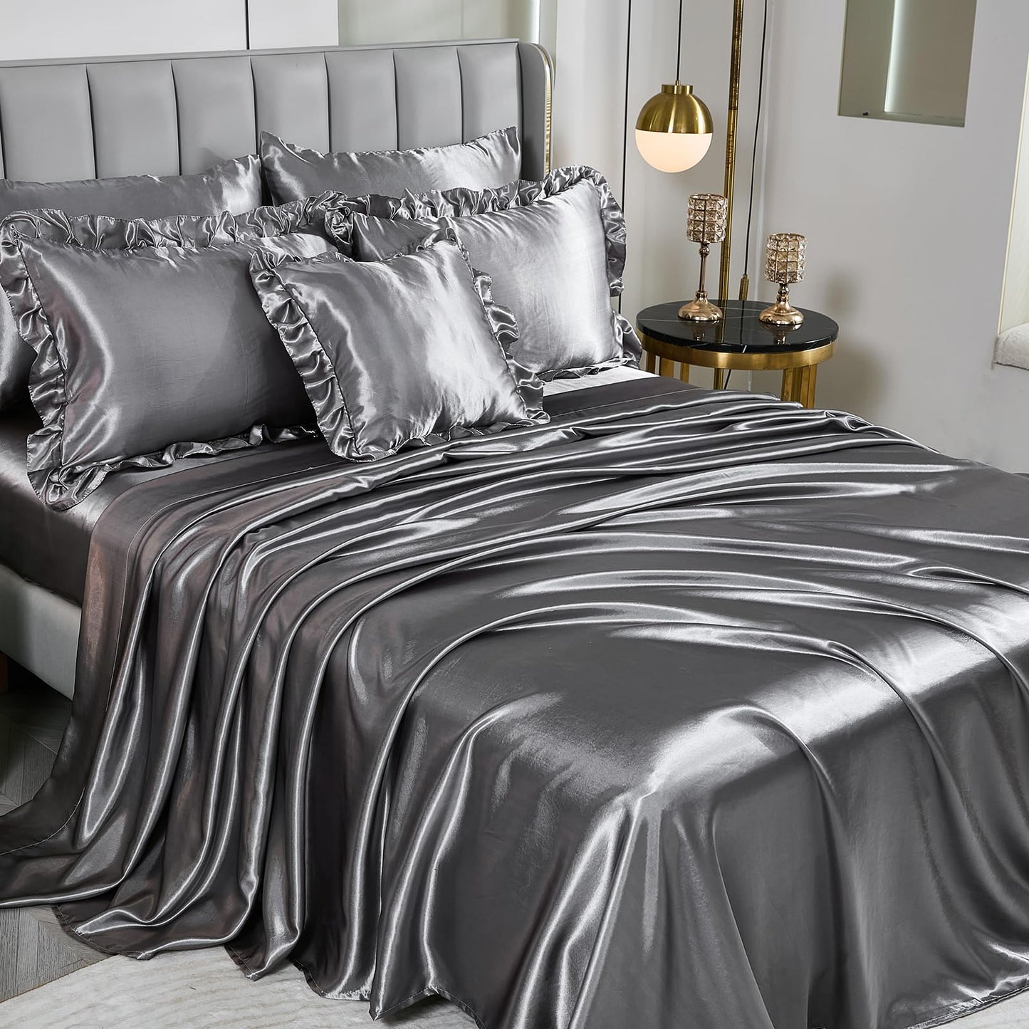 Grey Satin Comforter Set with Sheets,Silk Like Satin Ruffle Bed Duvet Set,Silky Luxury Bed in a Bag King Bedding Set 8 Pcs,1 Comforter,4 Pillowcases,1 Flat Sheet,1 Fitted Sheet,1 Cushion Cover