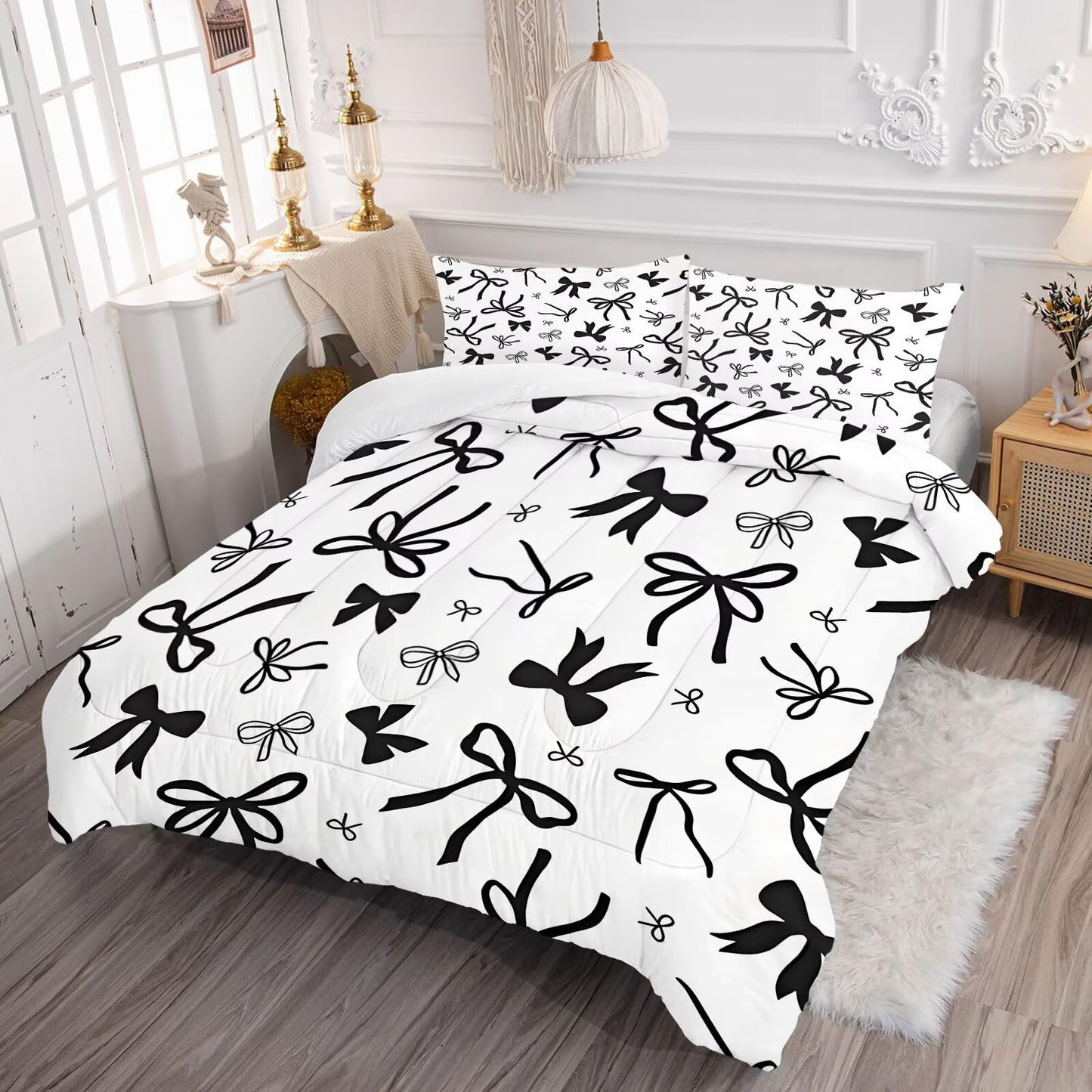 DJNEAR Black and White Bow Comforter Set Twin Size Cute Girls Bedding Sets for Kids Teens Women Bedroom Kawaii Bowknot Quilt Room Decor 1 Comforter 1 Pillowcase