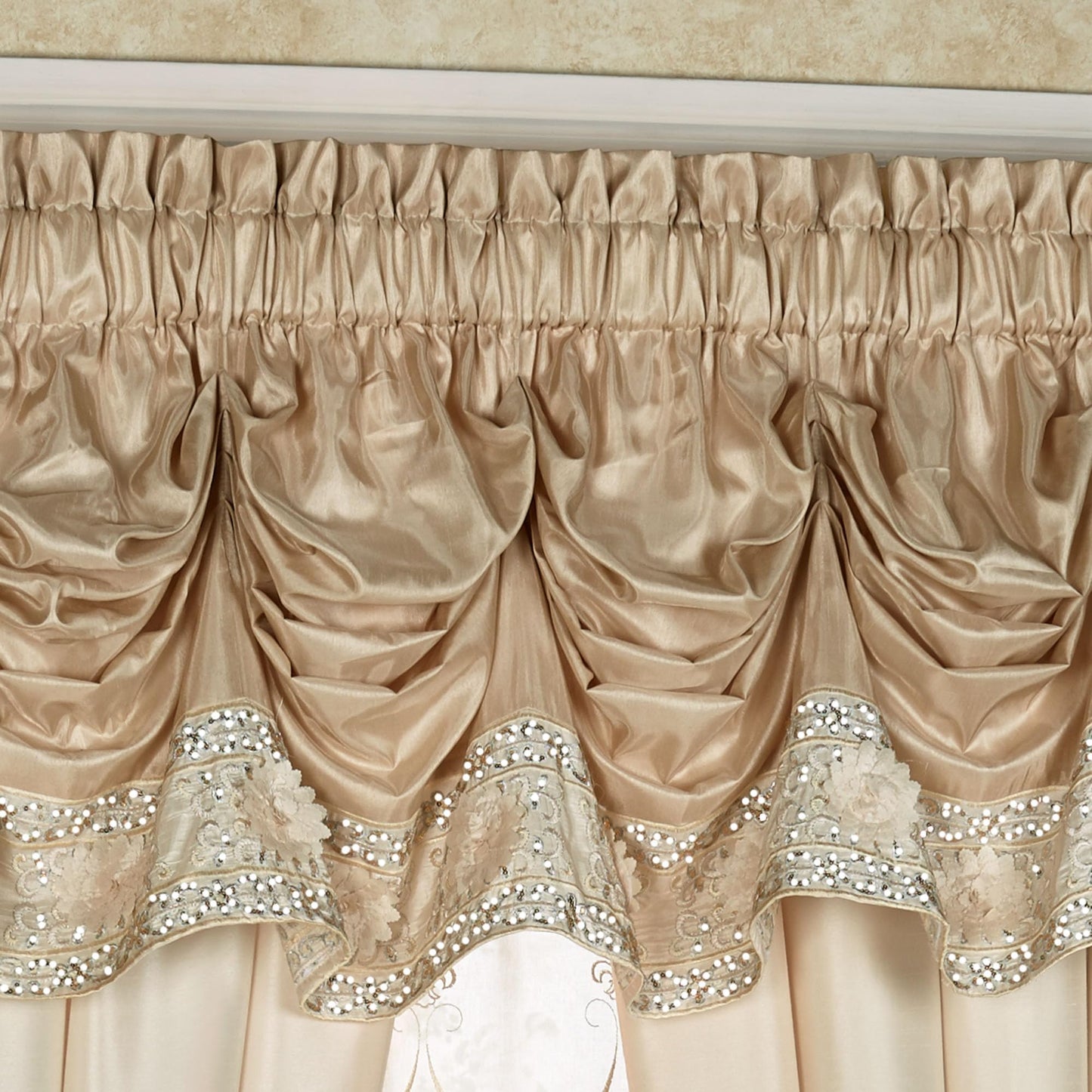 Luxury Elegante Sophisticated Polyester Faux Silk Window Treatment | Light Cream Ivory Metallic Gold | Shimmering Sequins Embroidery Floral | 2 Piece Set with Tuck Valance and 96L Curtain Pair