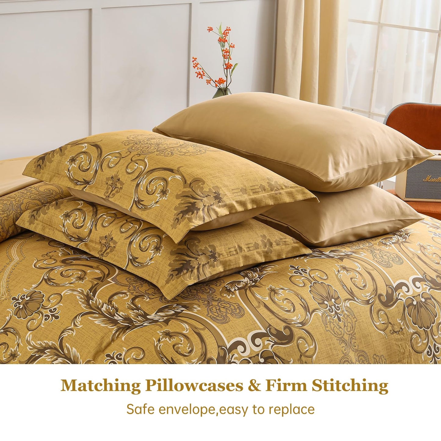 Mybedsoul Gold Queen Comforter Set, 7 Pieces Boho Bed in a Bag for Queen Bed, Damask Comforter with Sheets Pillowcases, Soft Microfiber Lightweight Bedding Sets for All Season(90"x90")