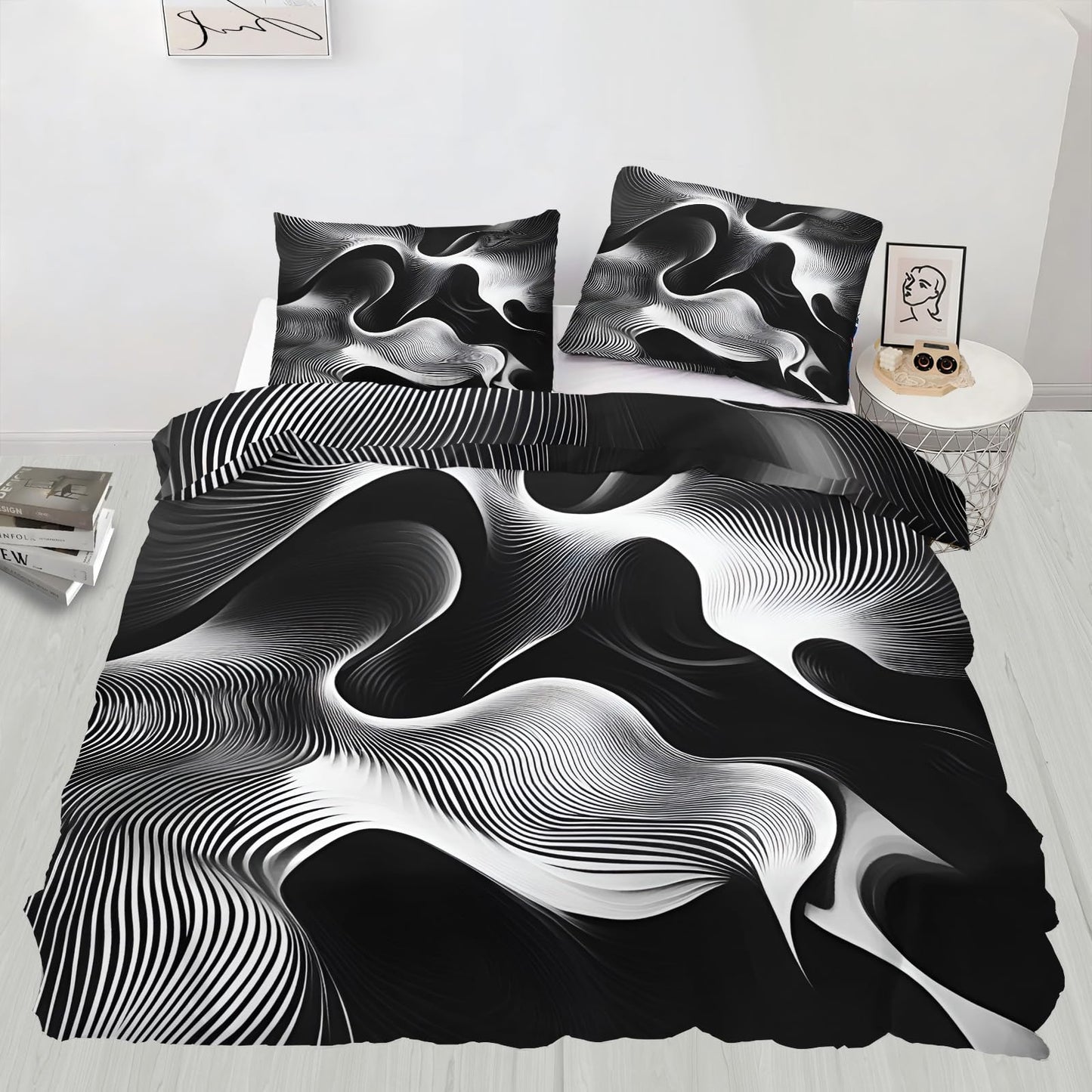 QINYUN Black White Duvet Cover King Size, Modern Abstract Bedding Set 3 Piece Bedroom Decor Trippy Psychedelic Comforter Cover and 2 Pillow Sham with Zipper Closure