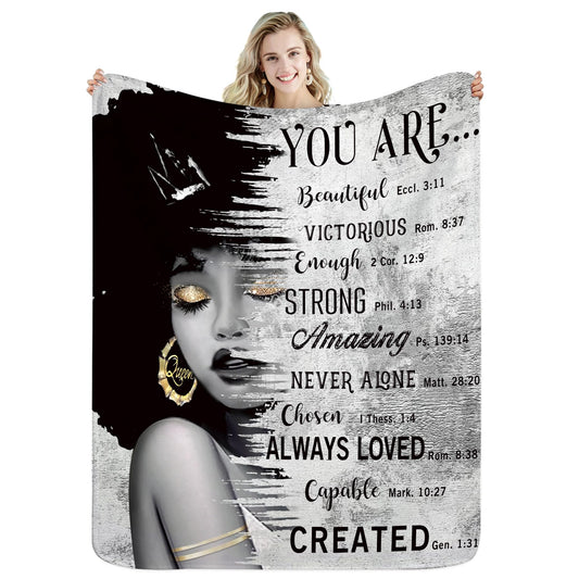 Miyotaa African American Black Girl Woman Flannel Blanket 50Wx60H Inch Quotes Inspirational Motivational Bible Soft Warm Fuzzy Throw Blanket for Sofa Bed Throws Birthday Presents