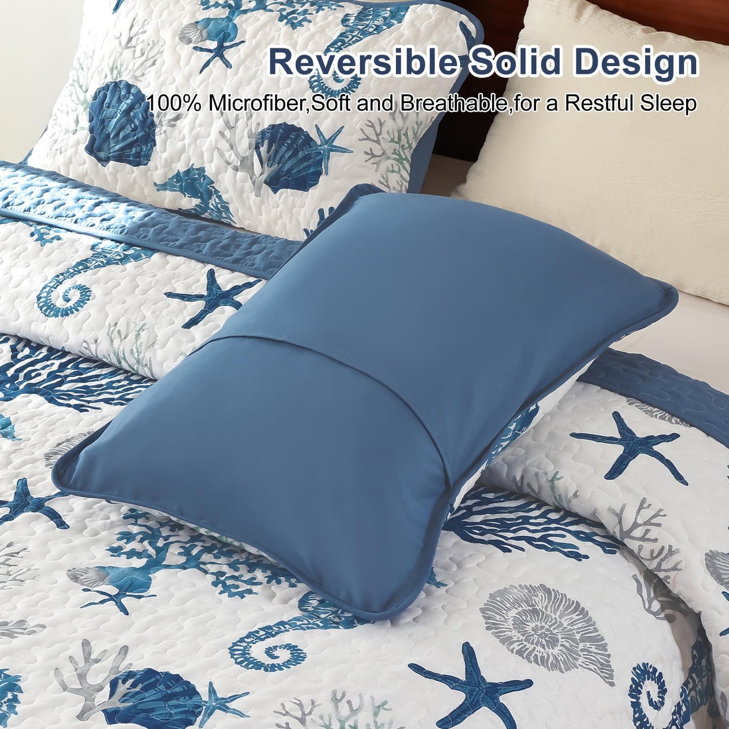 Djoymock Coastal King Size Quilt Set 3 Pcs, Summer Blue Beach Theme Quilts with Pillowcases Reversible Microfiber Ocean Bedding Set Nautical Bedspreads Coverlet Lightweight Comforter for All Season