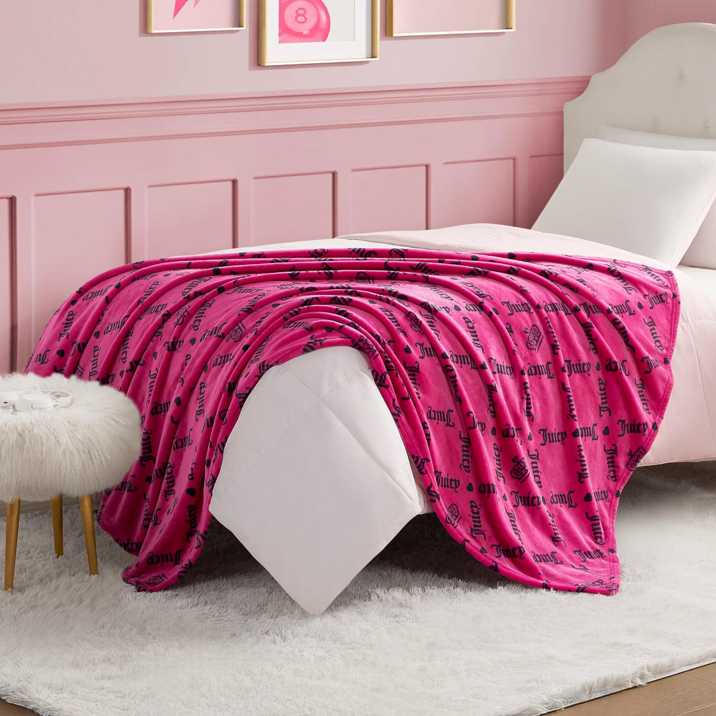 Juicy Couture Logo Crown 50" x 70" Plush Throw Blanket, Hot Pink - Decorative Blankets for Sofas, Throws for Chairs, and Beds