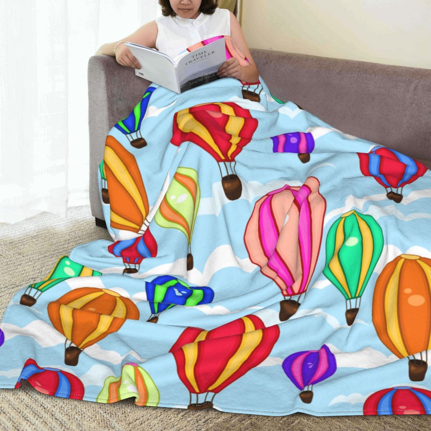 Cartoon Hot Air Balloon Blanket 60"x80" - Ultra Soft Flannel Throw for Adults & Kids - Playful Cloud & Balloon Print - Lightweight Plush Blanket for Bed, Sofa & Home Decorations