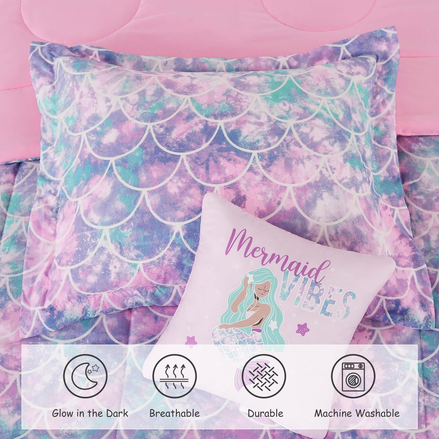 Wink Deer Twin Comforter Set for Girls-3 Pieces Mermaid Glow in the Dark Twin Bedding Sets for Kids,1 Comforter,1 Sham and 1 Decor Pillow