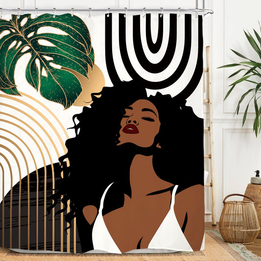 Miyotaa Abstract Emerald Green Shower Curtain Set 60Wx71H Inches African American Black Woman Girl Sexy Minimalist Aesthetic Modern Waterproof Bathroom Curtain with 12 Hooks