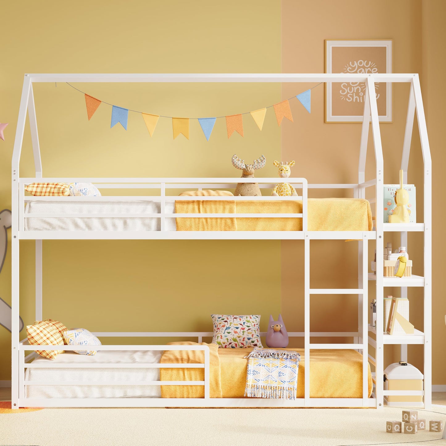LIKIMIO Bunk Bed, Twin Bunk Beds with 3-Tier Storage Bookshelf, Bunk Bed Twin Over Twin, Metal House Bed Ladder and Safety Guardrail for Bedroom, Space Saving, No Box Spring Needed, White