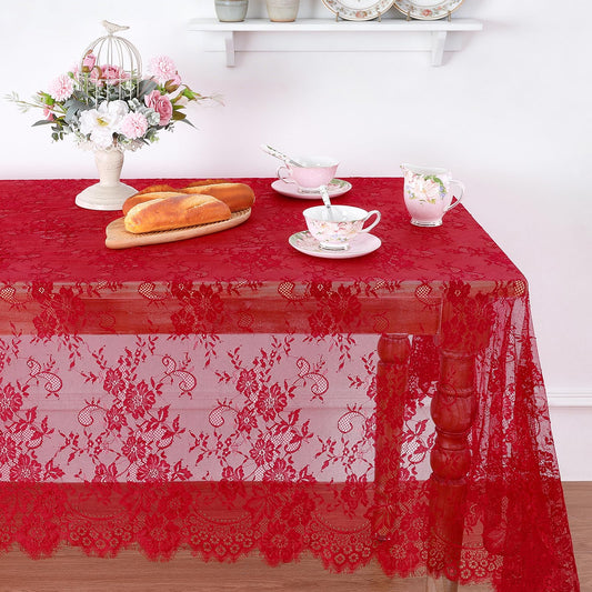 QueenDream Red Lace Tablecloth 60x120 Inches Rectangular Embroidered Floral Table Cover Vintage Boho Rectangle Overlay for Rustic Weddings Reception Dinner Table Cloth Decor