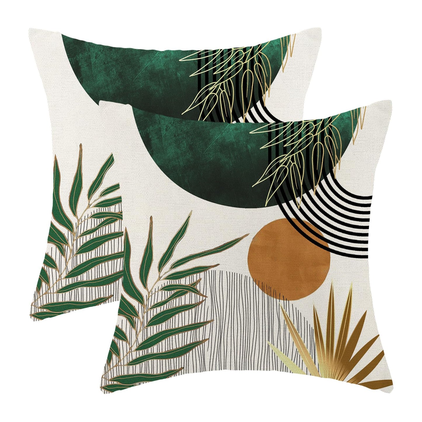 Yxuiyal Boho Pillow Covers 18x18 Set of 2 Green Gold Throw Pillow Covers Outdoor Decorations Mid Century Bohemian Style Tropical Leaves Pillowcase Farmhouse Decorative Cushion Case for Home Couch