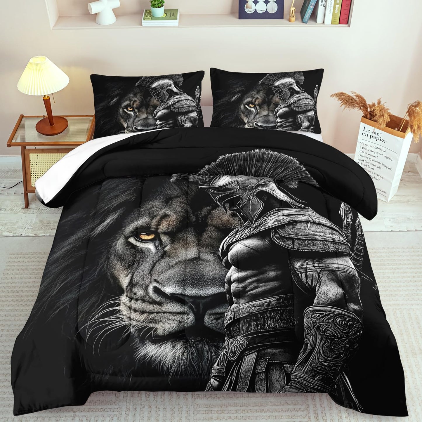 llyxsesty Black Lion Comforter Set Queen Boys Medieval Knight Bedding Set for Teens Animal Comforter Queen Man Quilt Lion Bedroom Decor Medieval Bedding Tiger Bed Decor