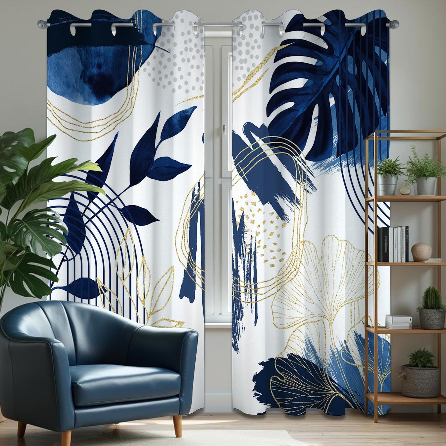 soeeao Boho Navy Blue Leaf Blackout Curtains, Bohemian Mid Century Modern Dark Blue and White Palm Window Drapes for Bedroom Living Room, 84 inch Length 2 Panels Set, 52x84 inch