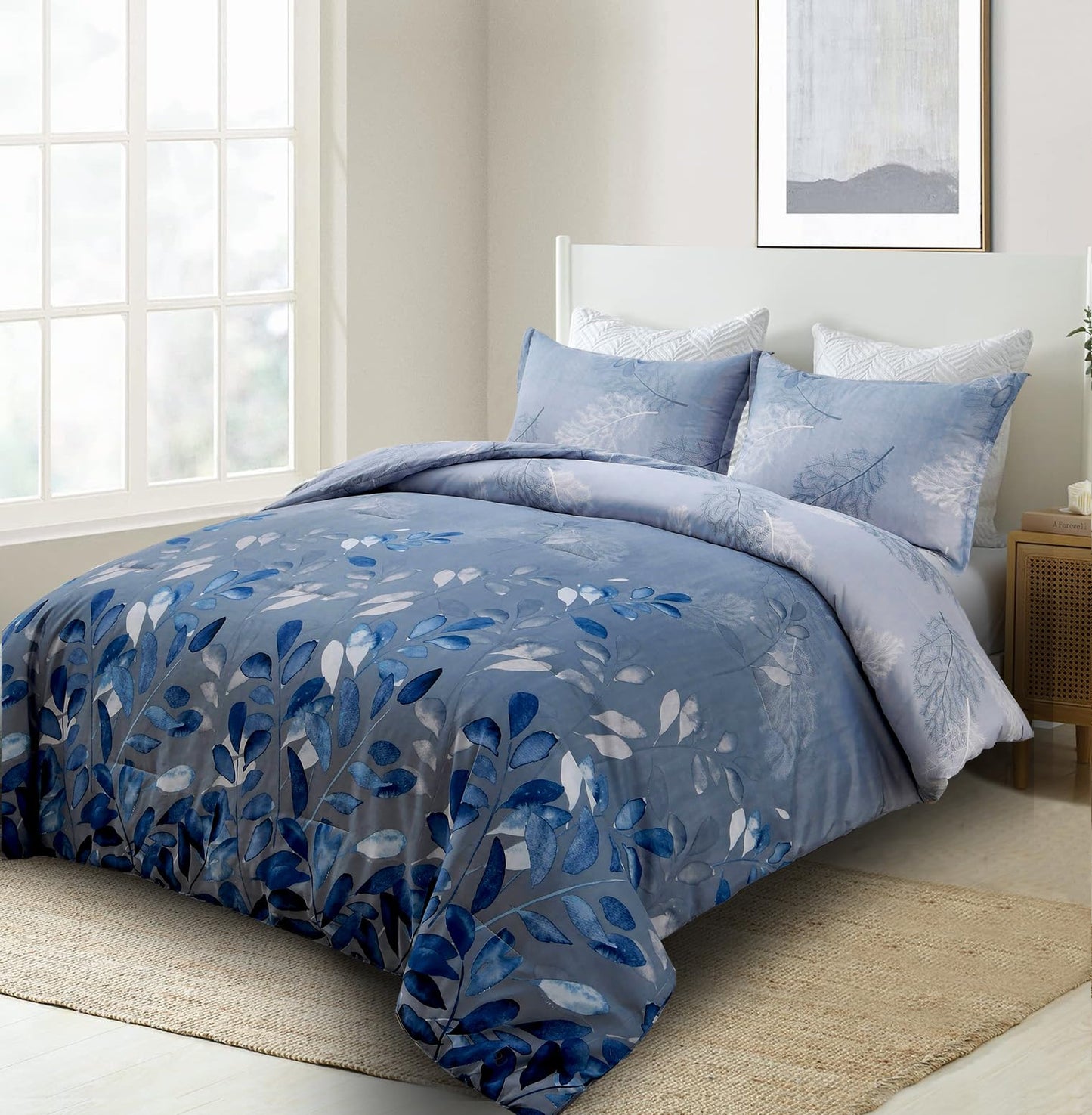 DJY Blue Comforter Set King, Navy Botanical Leaves Comforter for King Bed 3 Pieces Reversible Floral Bed Comforter Sets Soft Microfiber Bedding Set for All Season (104"x90")