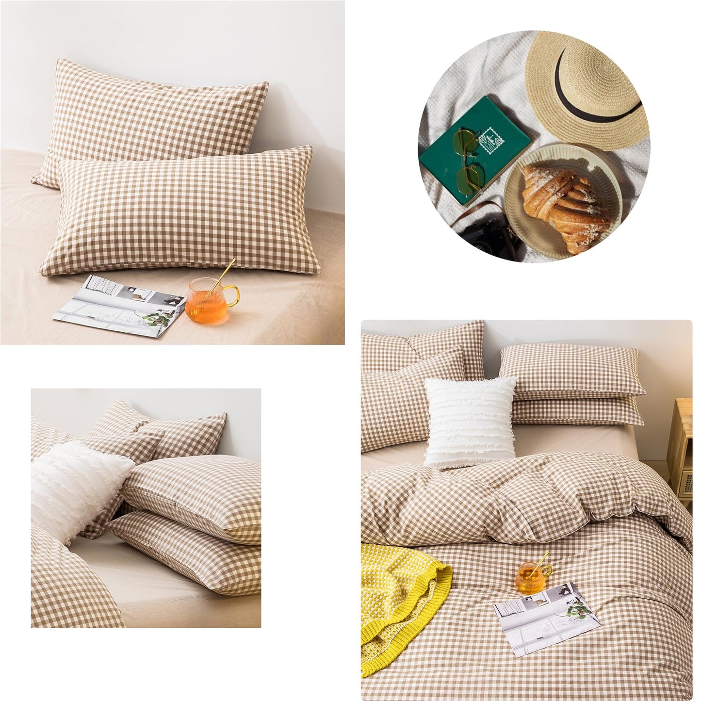 mixinni Beige Plaid Washed Cotton Pillowcases Set of 2 - King Size 20"x36" Farmhouse Pillow Shams with Envelope Closure, Ultra-Soft
