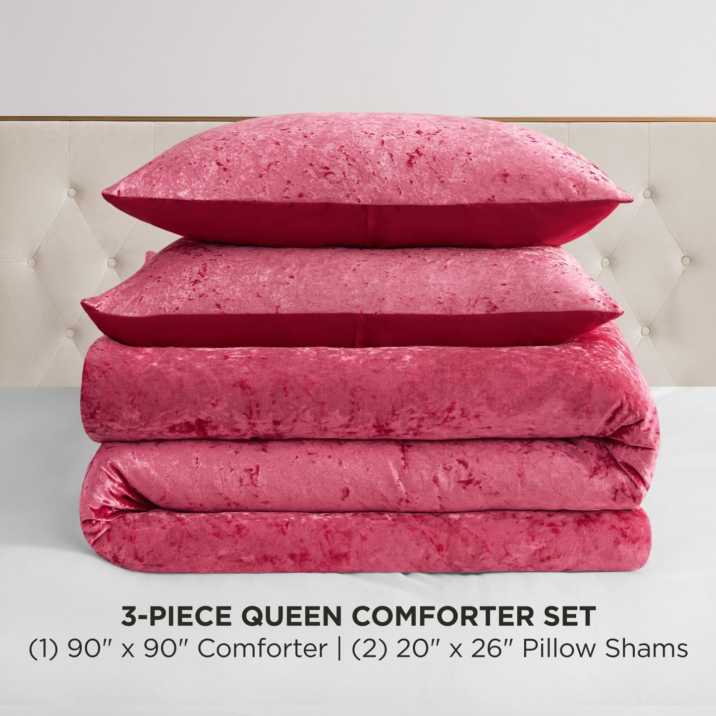 Juicy Couture Crushed Velvet Queen Comforter and Sham Set, 3-Piece Full/Queen Bedding Set - (1) 90"x90" Comforter and (2) 20"x26" Sham - Hot Pink