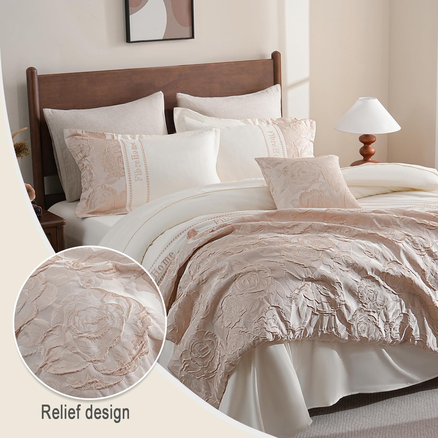 FibreHome Jacquard Bed in a Bag 6-Pieces Jacquard Weave & Embroidery Design Rose Floral Bedding Set Ultra Soft Microfiber Light Weight Comforter All Season Queen Beige Bedding Sets