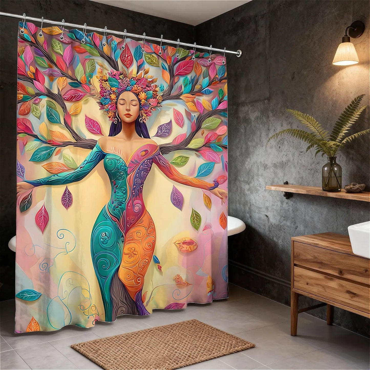 TANGXUNFA Colorful Tree Woman Shower Curtain for Bathroom, Water-Resistant Long Shower Curtain Set 72x72 Inch with Metal Grommets and 12 Metal Hooks