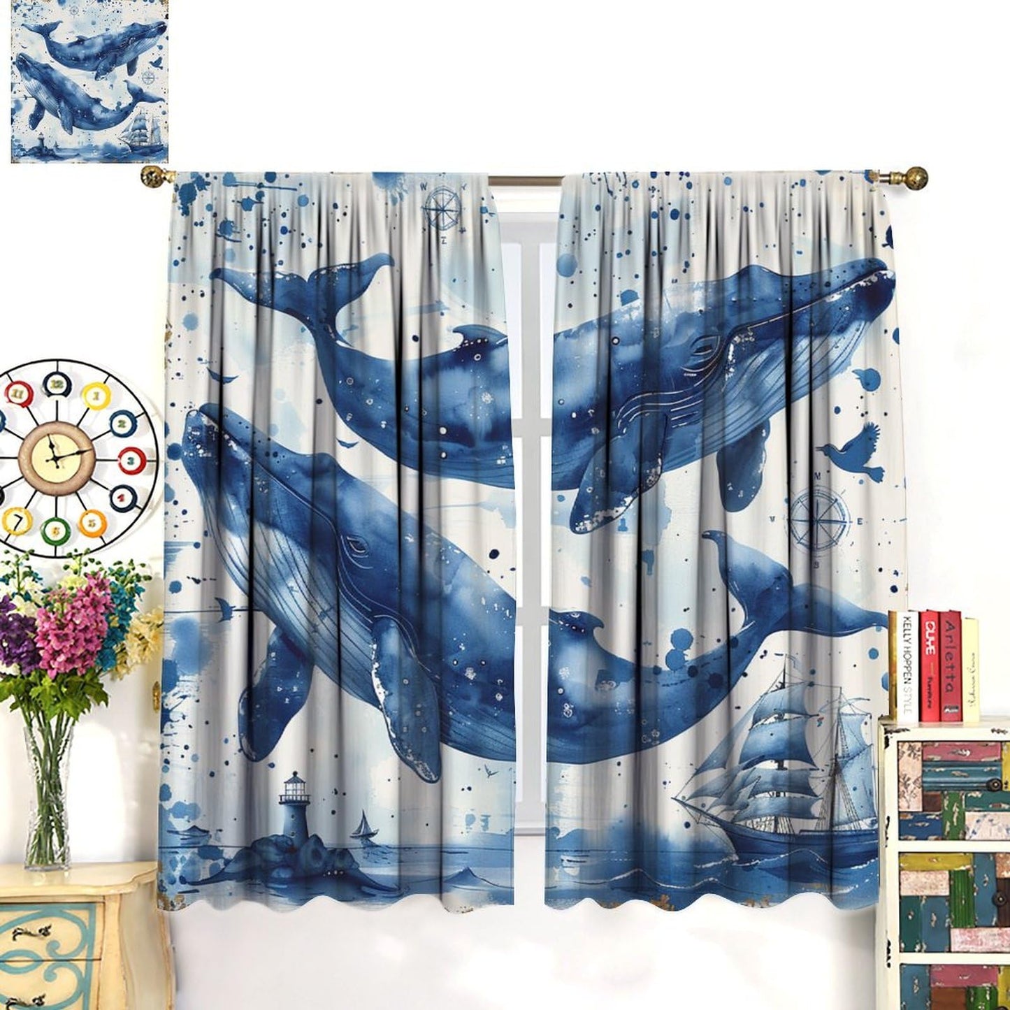 TOWINSFB Nautical Sailboat Whale Blackout Curtains, Retro Lighthouse Ship Compass Home Decor Rod Pocket Window Drapes for Living Room Bedroom - 2 Panels, Each 21" W x 63" L