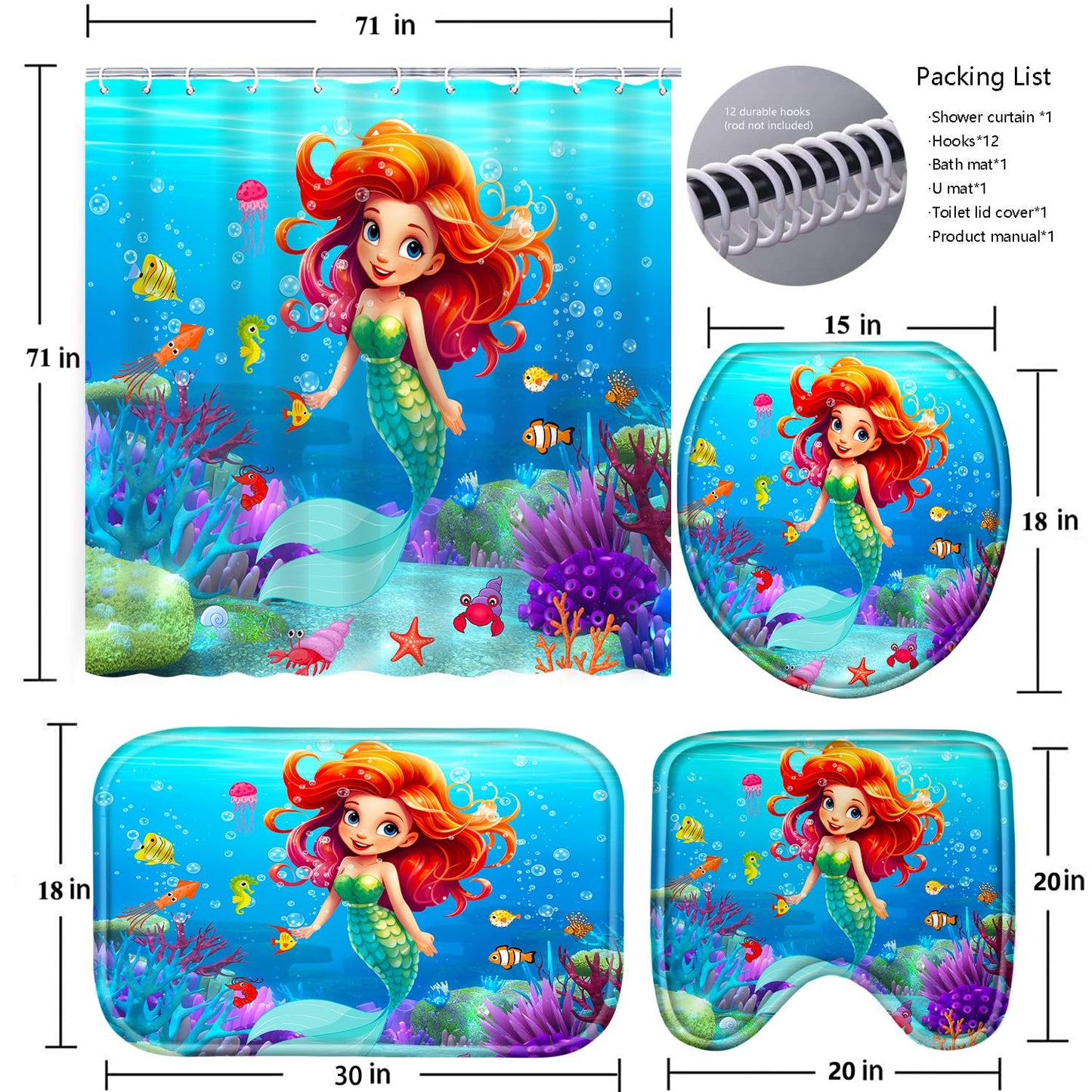 Poedist 4 Pcs Bathroom Shower Curtain Set,Kid's Bathroom Set,Kid's Shower Curtain Sets with Rugs(Bath Mat,U Shape and Toilet Lid Cover Mat) and 12 Hooks