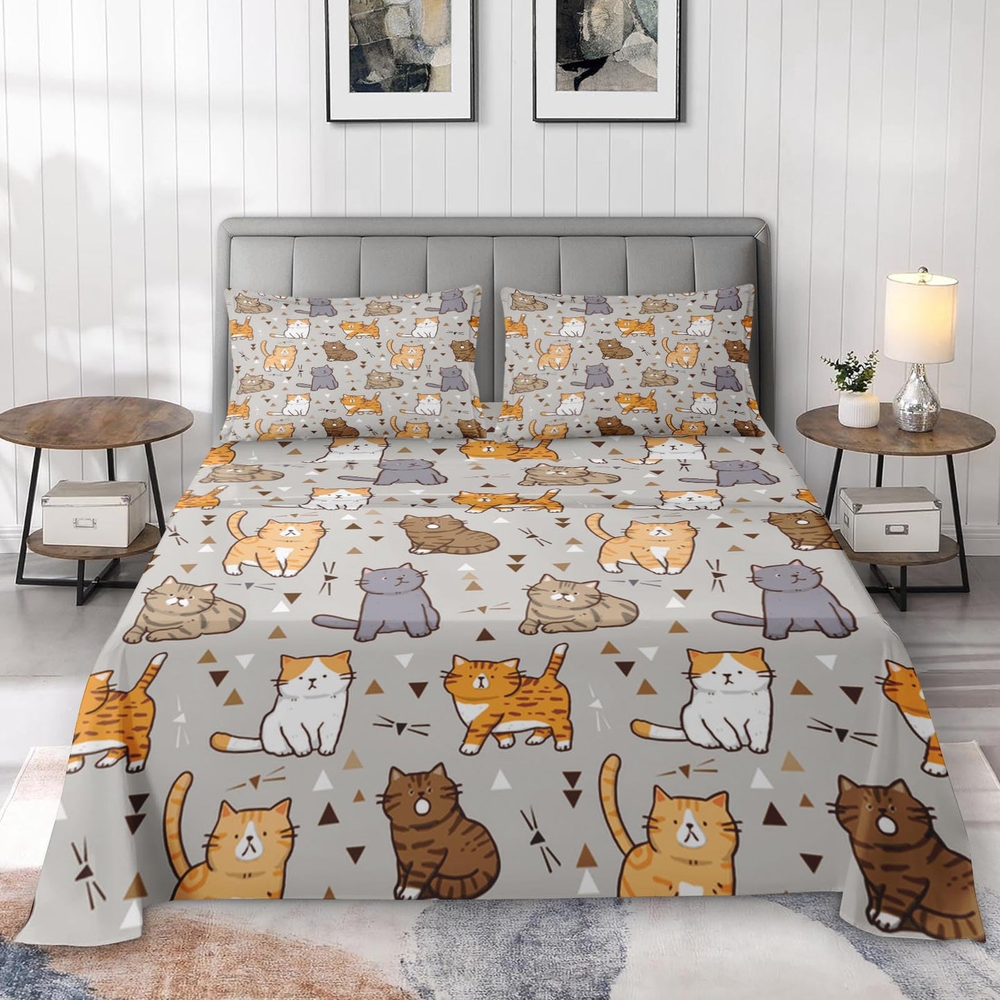 Pamnest Queen Size Bed Sheet Sets, Cute Cat Grey Soft Microfiber 4 Pcs Bedding Sets for Kids and Adults Bedroom Bed Decor, Cartoon Baby Animal Flat, Fitted Sheet and 2 Pillowcases