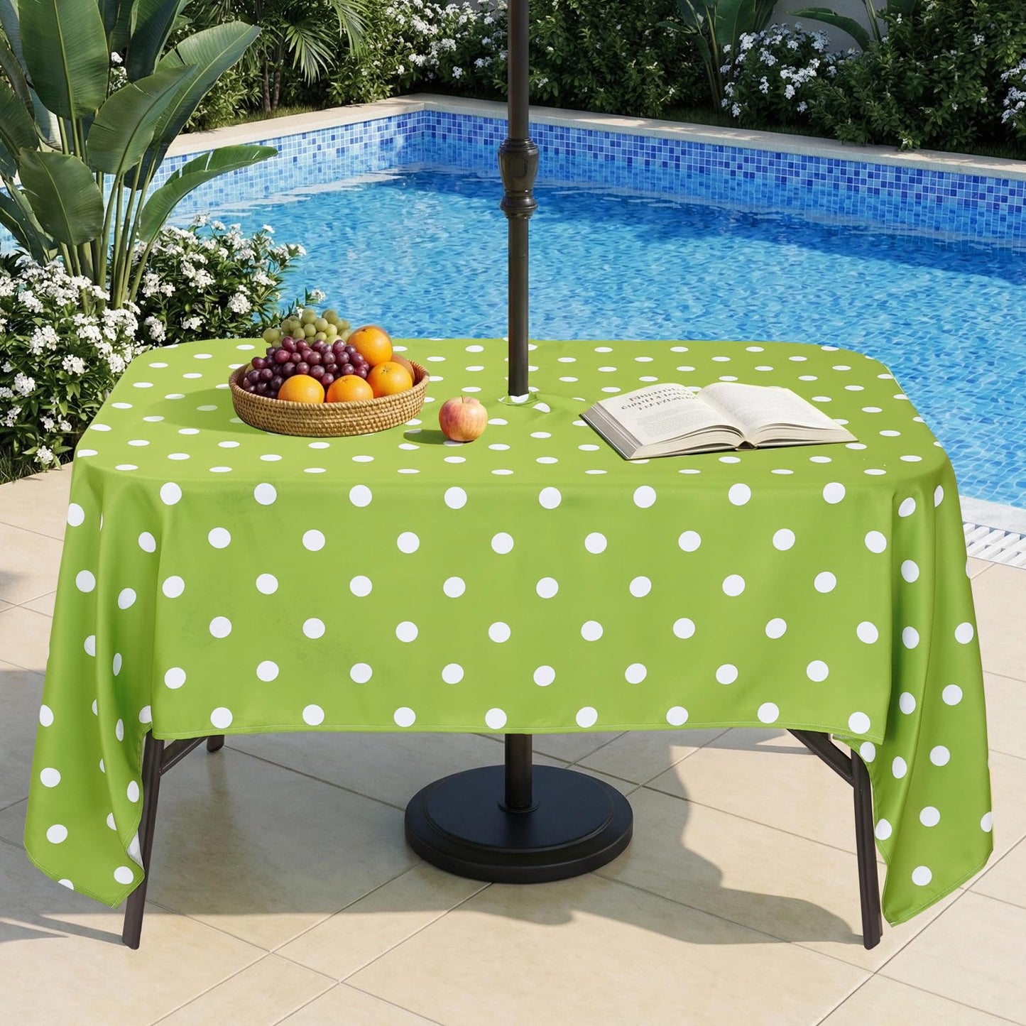 Eternal Beauty 60X 84” Rectangle Tablecloth Waterproof Outdoor Tablecloth with Umbrella Hole Zipper for Patio Spring Summer Picnic Tables (Green Polka Dot)