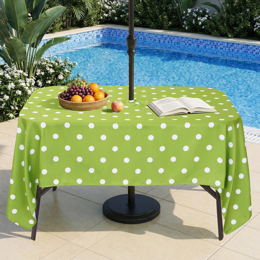 Eternal Beauty 60X 84” Rectangle Tablecloth Waterproof Outdoor Tablecloth with Umbrella Hole Zipper for Patio Spring Summer Picnic Tables (Green Polka Dot)