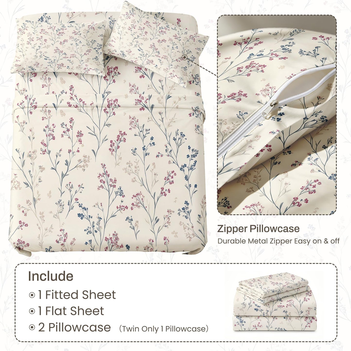 Wildflower King Bedding Set Minimalist Floral Sheet Sets