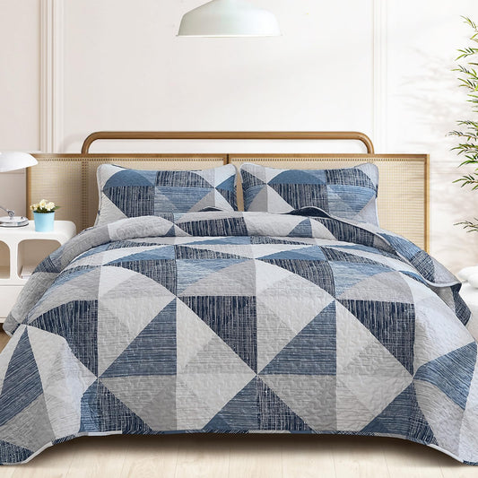 Dintszyayue Quilt Queen Size Blue, 3 Pieces Patchwork Bedspread Bedding for Queen Size Bed, Soft Lightweight Microfiber Geometric Coverlet Set for All Season Quilt with 2 Pillowcases