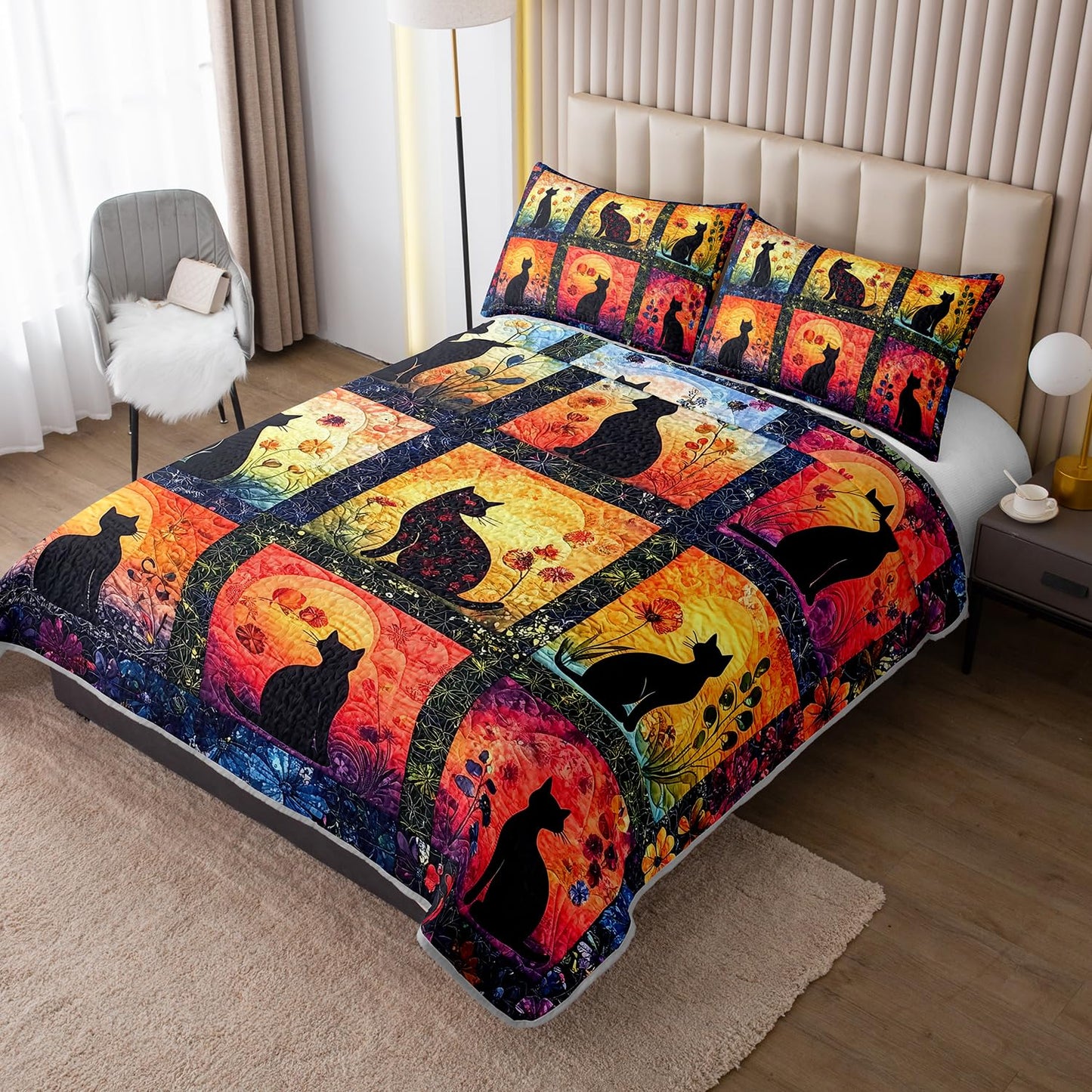 HOSIMA Cat King Size Quilt,Different Grid Patterns with Cats Flowers Printed,Cute Bedding for Kids Adults Room Decor,Animal Themed Bohemian Style Patchwork Quilt with 2 Pillowcases.