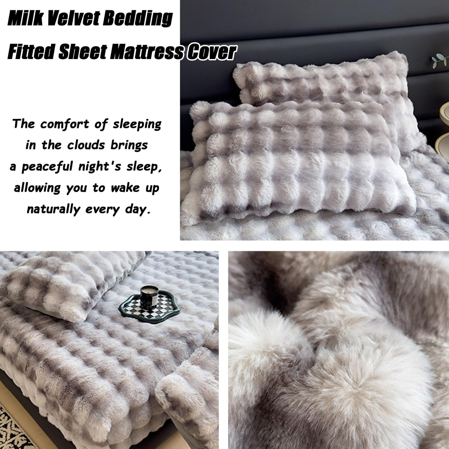 Elastic Bed Sheets, Milk Velvet Fitted Sheet, Winter Warm Mattress Cover, Faux Rabbit Fur Fitted Sheets, Fluffy Mattress Protector Bedspread, Machine Washable and Non-Fade(A,2 Pillowcases)