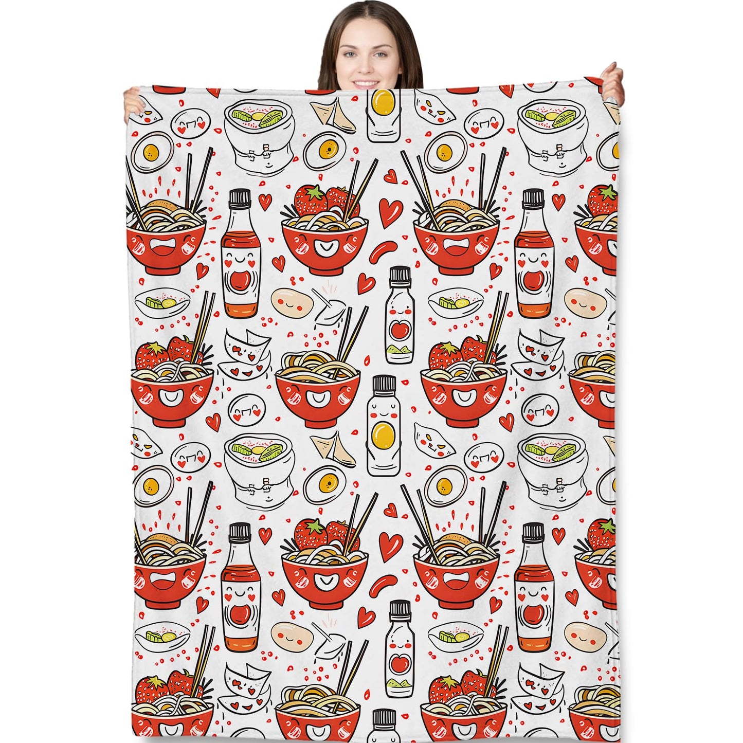 Ramen Noodles Throw Blanket for Adults Kids, 50x60 in, Food Theme Flannel Blankets for Bedroom, Couch, Travel, Home Decor, Fuzzy Soft Cozy Warm Gifts