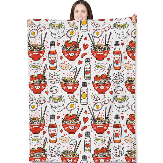 Ramen Noodles Throw Blanket for Adults Kids, 50x60 in, Food Theme Flannel Blankets for Bedroom, Couch, Travel, Home Decor, Fuzzy Soft Cozy Warm Gifts