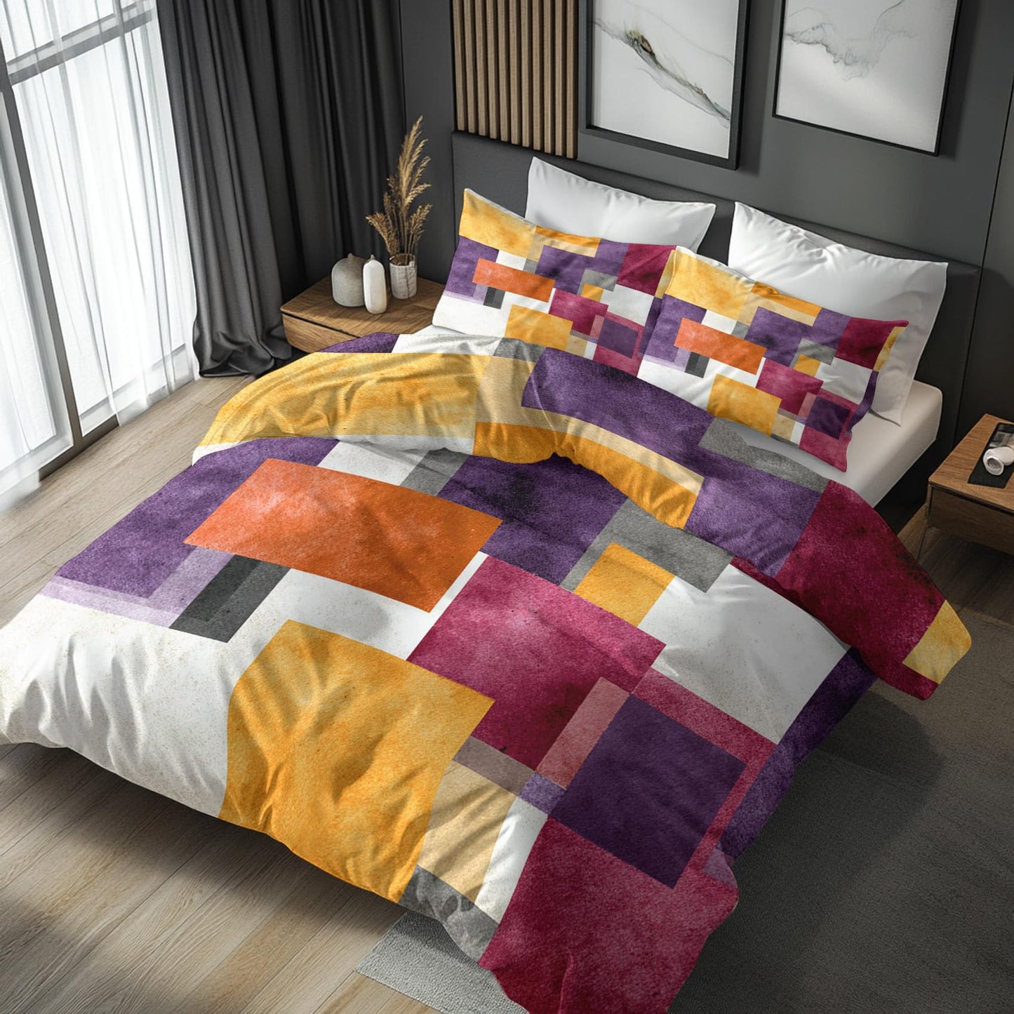 3D Geometric Queen Duvet Cover Set 3 Piece, Watercolor Abstract Art Reversible Bedding with 2 Pillow Shams, Zipper & Ties, Ultra Soft Microfiber, Geometric Bedroom Decorations 40A-T