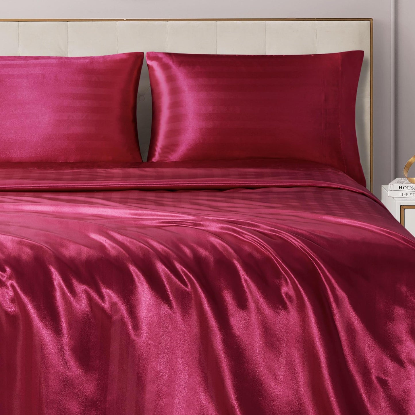 Juicy Couture Silky Satin Damask Sheet Set - Luxury Hot Pink Bedding - Smooth Striped Sheets - Full Size