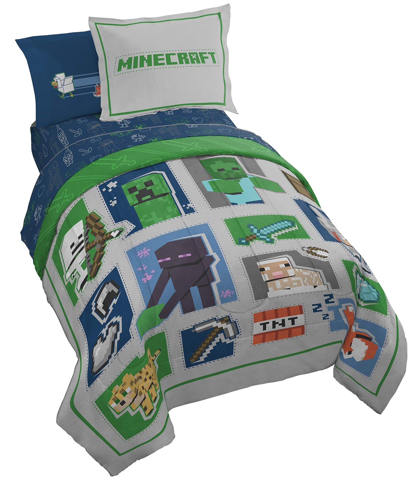 Jay Franco Minecraft 5 Piece Twin Bedding Set - Includes Reversible Comforter, Sheets and Pillowcases - Features Creeper, Ghost, Zombie and Enderman