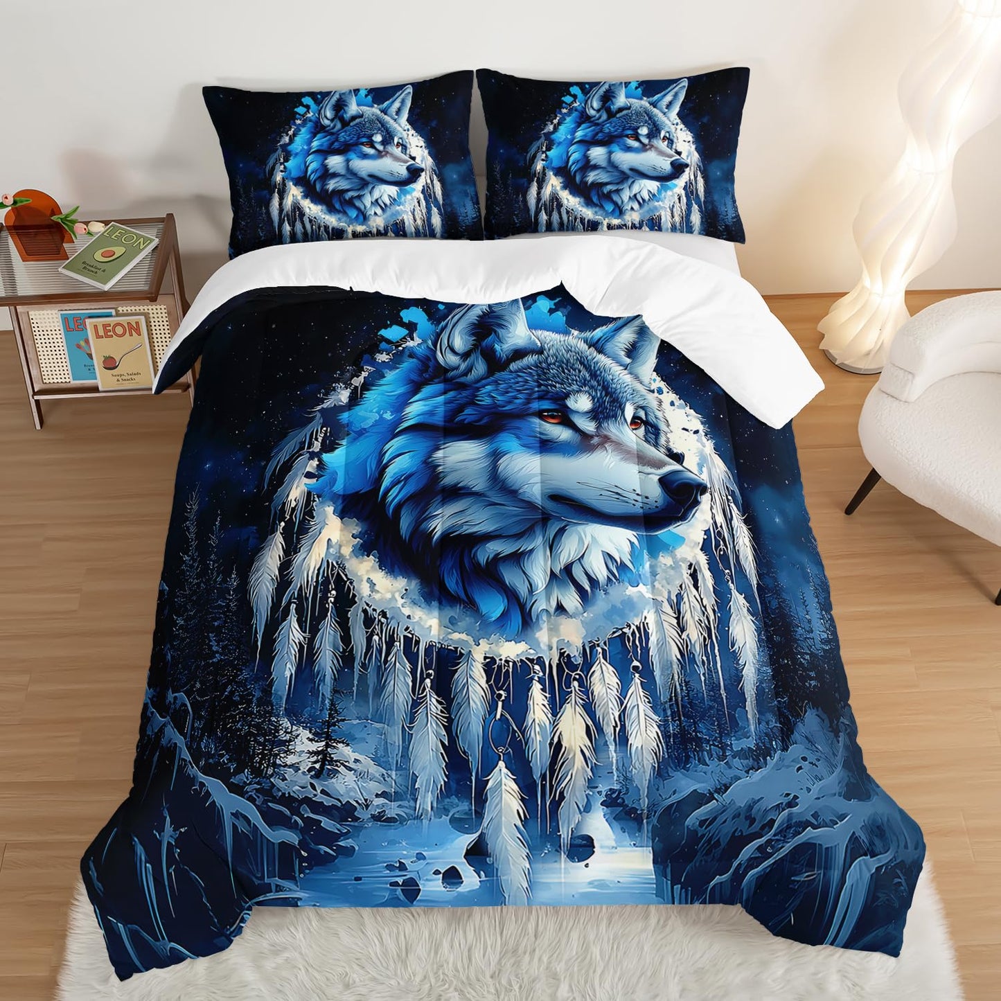 UEVBF Wild Animal Themed Wolf Comforter Set Queen Size,Blue Dream Catcher Snow Scene Bedding Sets for Kids Boys Girls Teens Room Decor,Western Comforter Set with 2 Pillowcases.