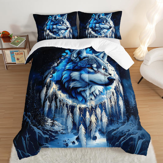 UEVBF Wild Animal Themed Wolf Comforter Set Queen Size,Blue Dream Catcher Snow Scene Bedding Sets for Kids Boys Girls Teens Room Decor,Western Comforter Set with 2 Pillowcases.