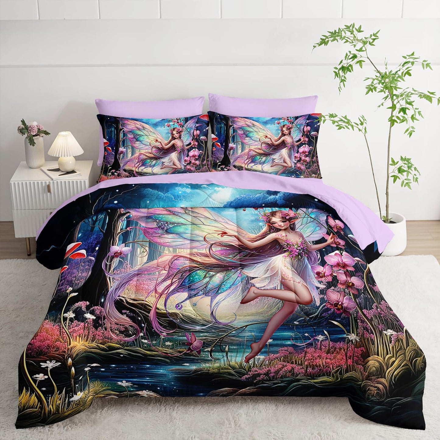 AILONEN Beautiful Butterfly Fairy Comforter Set, Twin Size 7-Piece,Magic Mushroom Bedding Set for Kids,Mysterious Fairy Forest Comforter & Fitted Sheet & Flat Sheet,2 Pillowcases,2 Pillow Shams
