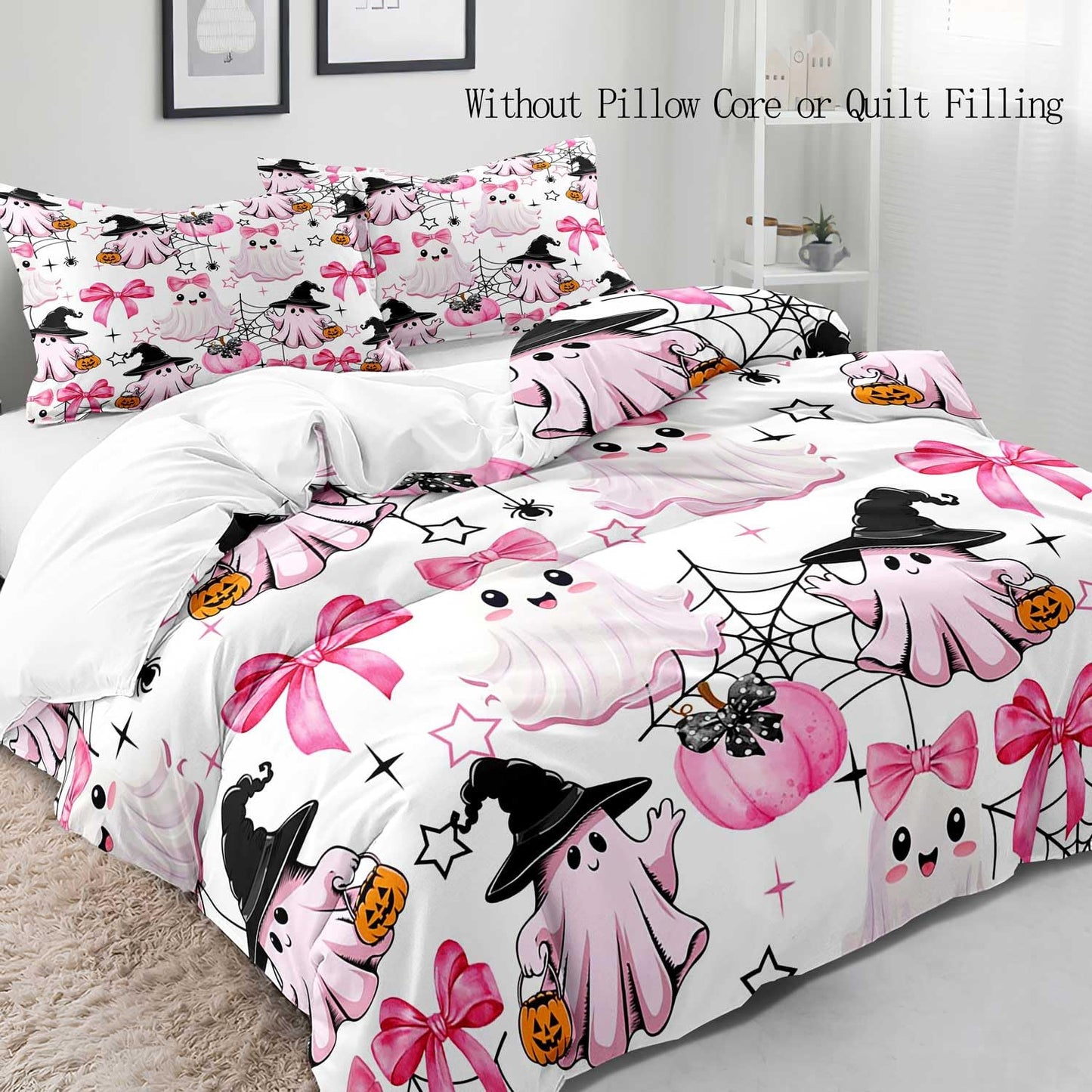 LUVIVIHOME 3PCS Kawaii Ghost Duvet Cover Queen Bedding Set, White Duvet Cover, Kids Teen Girl Bedding, Spooky Witchy Coquette Cute Pink Bow Pumpkin Spider Web Halloween Comforter Cover, 2 Pillow Cases