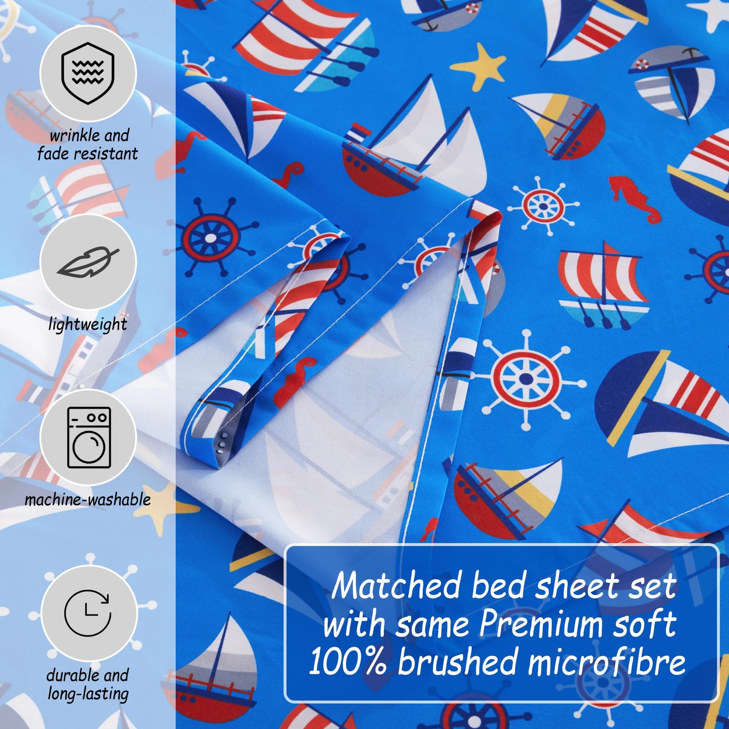 Softan Kids Bed Sheet Set, 3-Piece Twin Sheets Set, Microfiber Fitted Sheet with 15 Inches Deep Pocket and Corner Straps, Breathable & Silky Soft Blue Sailboat Pattern Sheet and Pillowcase Sets