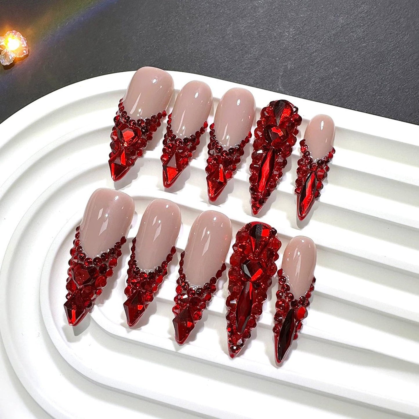 Red Rhinestone French Tip Fake Nails Long Handmade Press on Nails Almond False Nails with 3D Designs Luxury Glue On Nail Full Cover Stick on Nail for Women Manicure 10Pcs (Size M)
