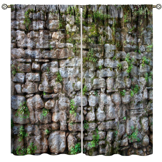 Nanacur Vintage Brick Stone Wall Curtains, Countryside Retro Green Plants Medieval Stone Wall Textured Rod Pocket Window Drapes, for Bedroom Living Room 42" W X 45" L (Decorative)