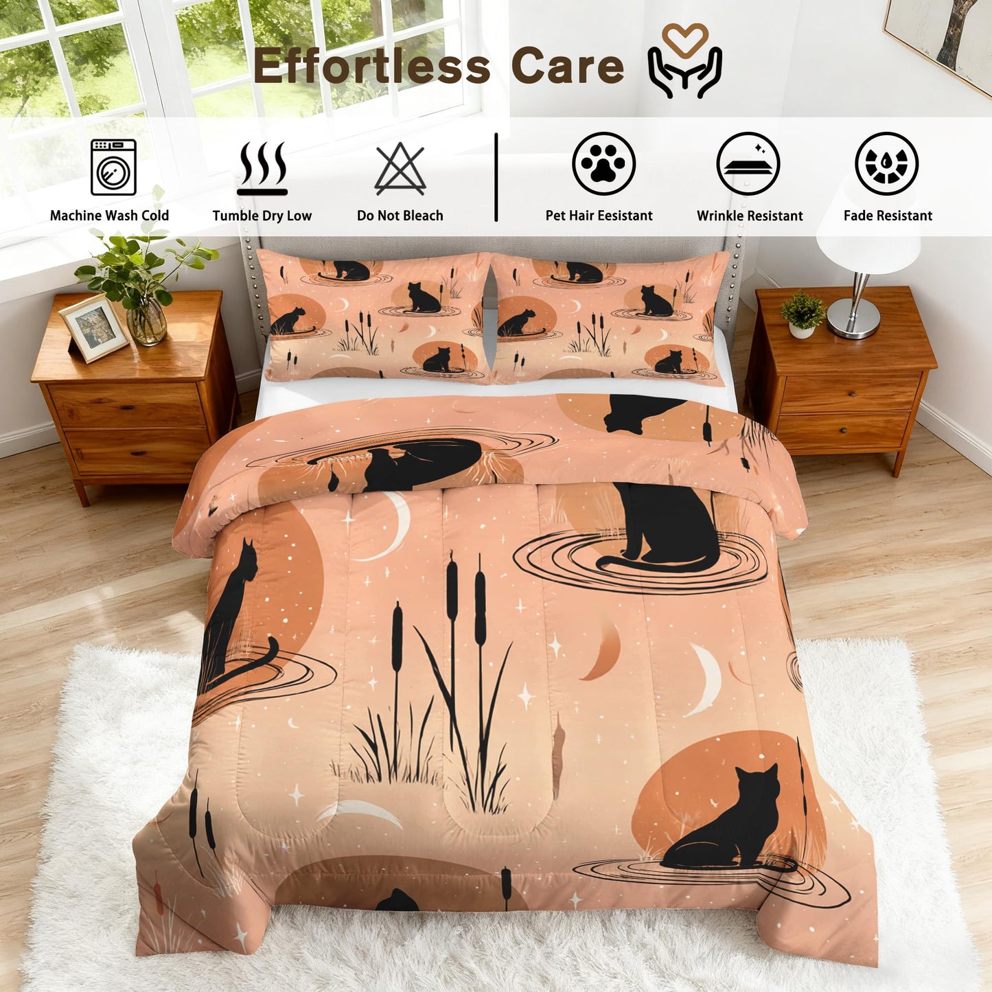 TANCAPRIUM Black Cat Comforter Set Twin - Boho Moon Bedding Set & 2 Pilow Cases for All Season - Soft Reversible Down Alternative 3 Piece. Witchy Bedrom Decor