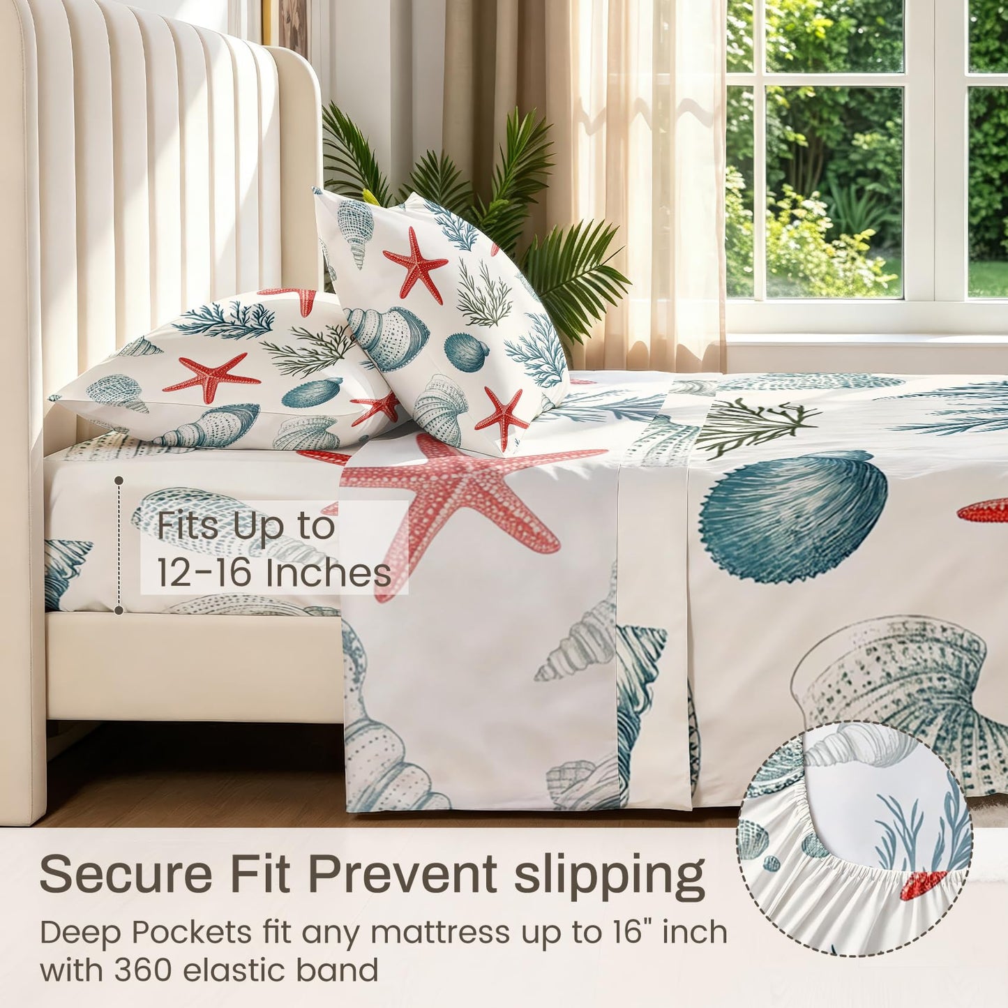 Coastal Queen Sheet Set 4 Pcs Marine Life Bed Sheets
