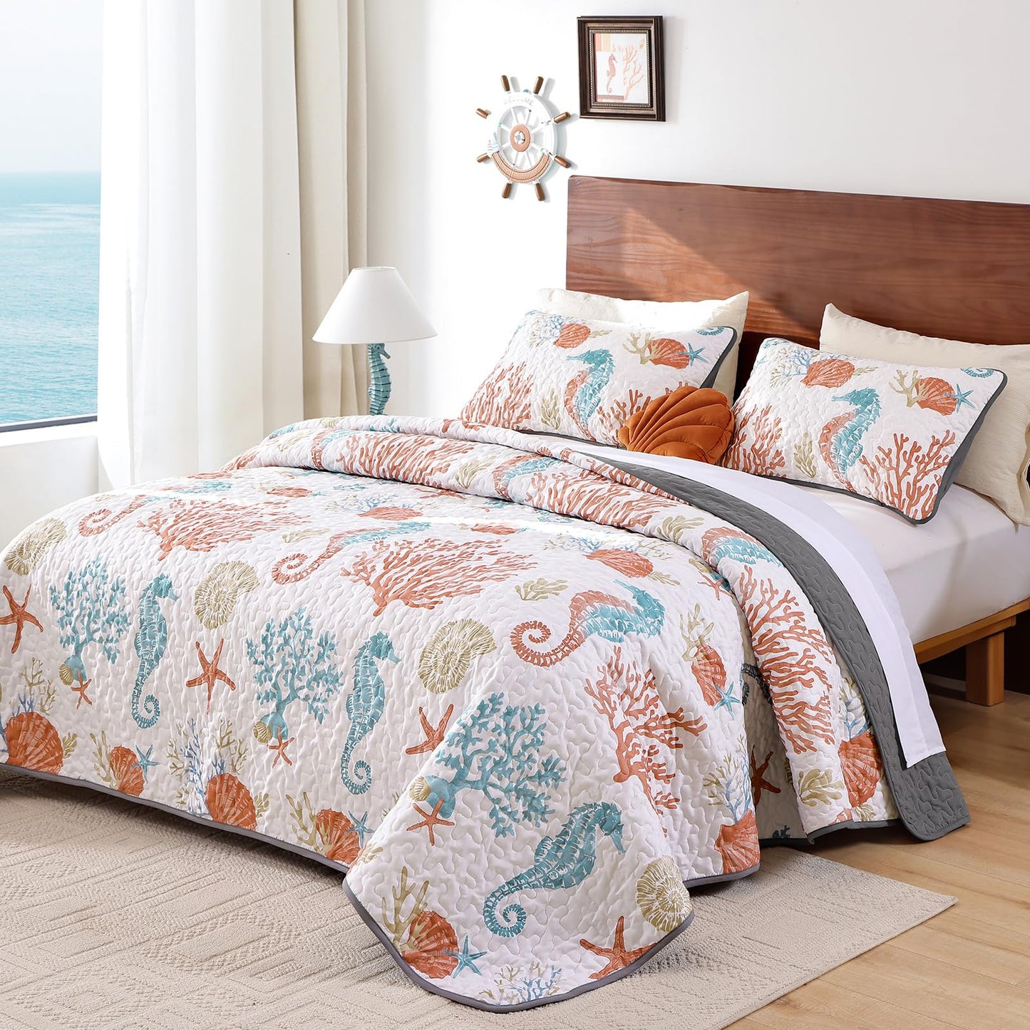 DJY Coastal King Size Quilt Set 3 Pcs, Ocean Beach Theme Bedding with Pillowcases, Summer Orange Reversible Microfiber Comforter Set Lightweight Nautical Bedspread Coverlet Set for All Season