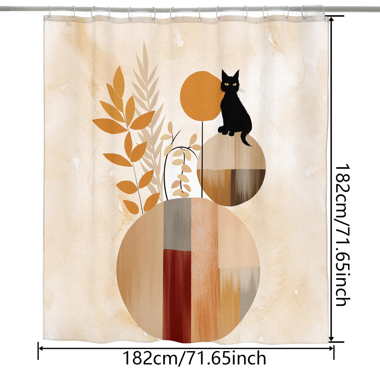 HMS Happy Memories Bohemian Plant Boho Floral Print Shower Curtain, Polyester Fabric Cloth for Bathroom Decor 72×72 Inch Standard Size with 12 Hooks, Also as Room Divider (Leaf Cat)