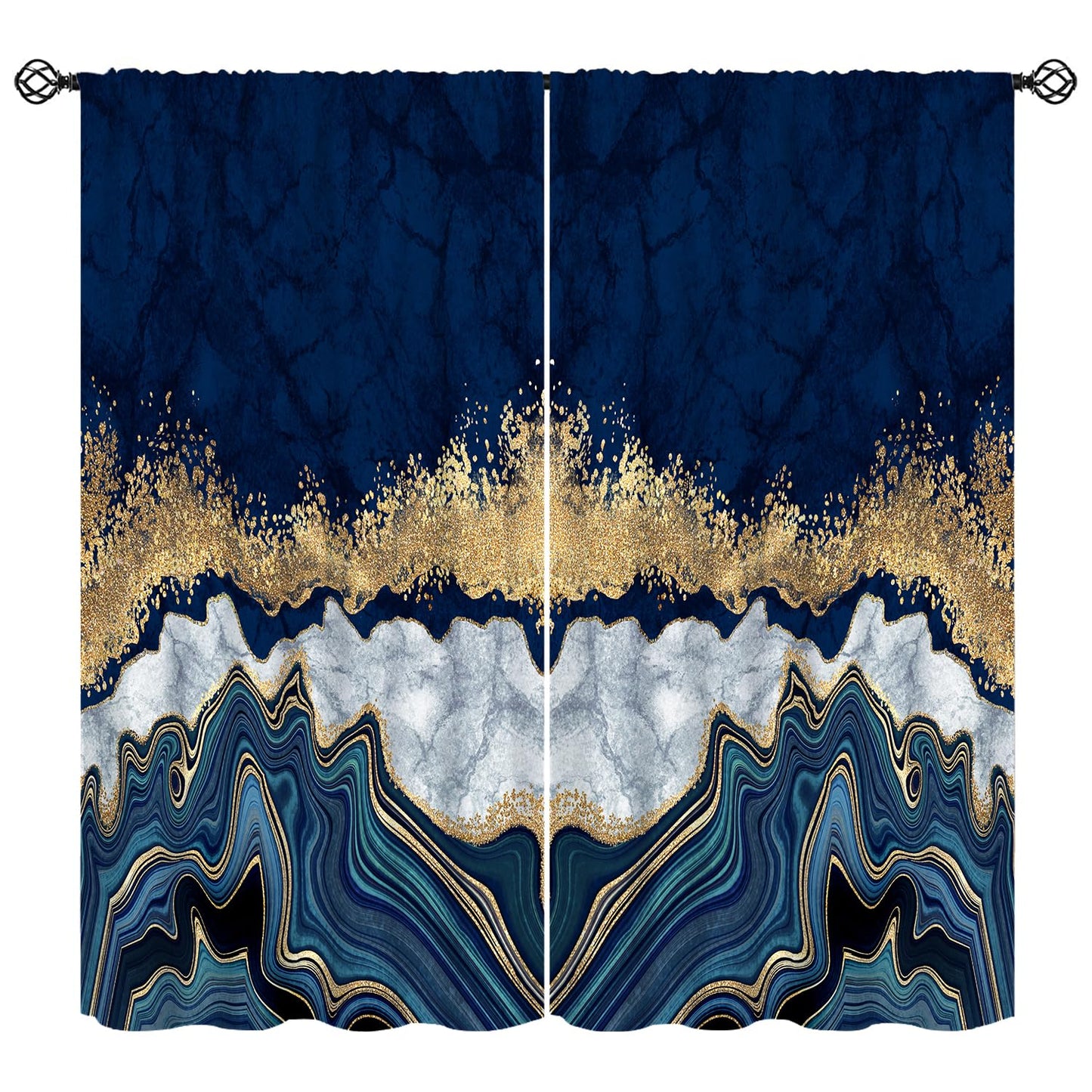 Djaby Blue Marble Curtains, Modern Luxury Gold Texture Window Curtains Drapes for Bedroom Living Room Home 42" W X 45" L(No Blackout)