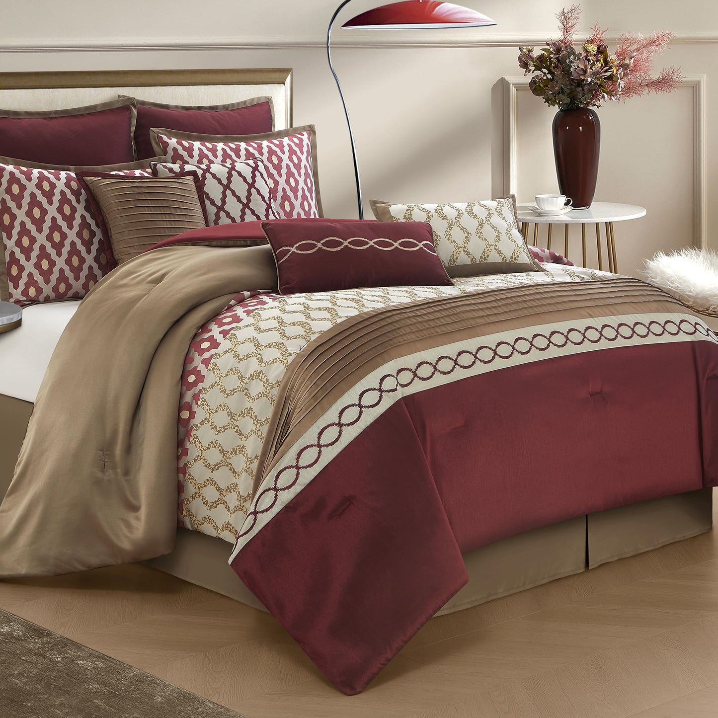 LANCO MODERN LIFESTYLE Queen Comforter Set, Burgundy, 10 Piece Bed in a Bag for All Seasons, Luxury Extreme Comfort Bedding Sets with Bedskirt, Pillow Shams, Euro Shams and Decor Pillows
