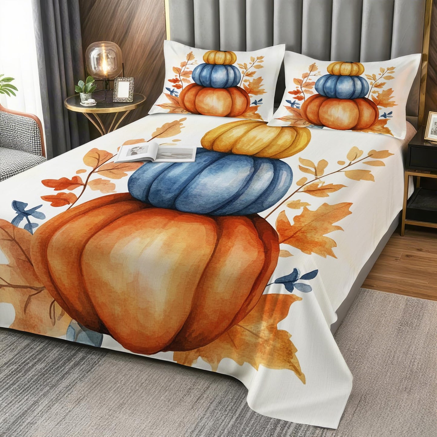Zoainuos Pumpkin Gifts, Fall Pumpkin Maple Leaves Sheets Full Size Bed Sheet Set, Soft Microfiber Deep Pocket Wrinkle Free Bedding Sheets & Pillowcases, Thanksgiving Decor for Bedroom
